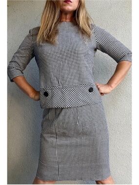 Vintage 60s Nelly Don Houndstooth Black & White Checkered Skirt Suit